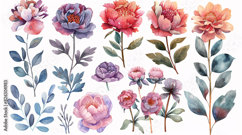 Fototapeta Naklejka Na Ścianę i Meble -  Hand drawn set of watercolor peony flowers and botanical decorations, isolated on white background