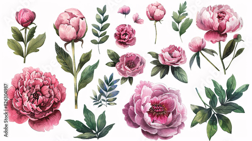Fototapeta Naklejka Na Ścianę i Meble -  Hand drawn set of watercolor peony flowers and botanical decorations, isolated on white background