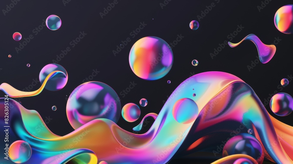 Digital art with colorful wave, bubbles in magenta and blue, liquid themes