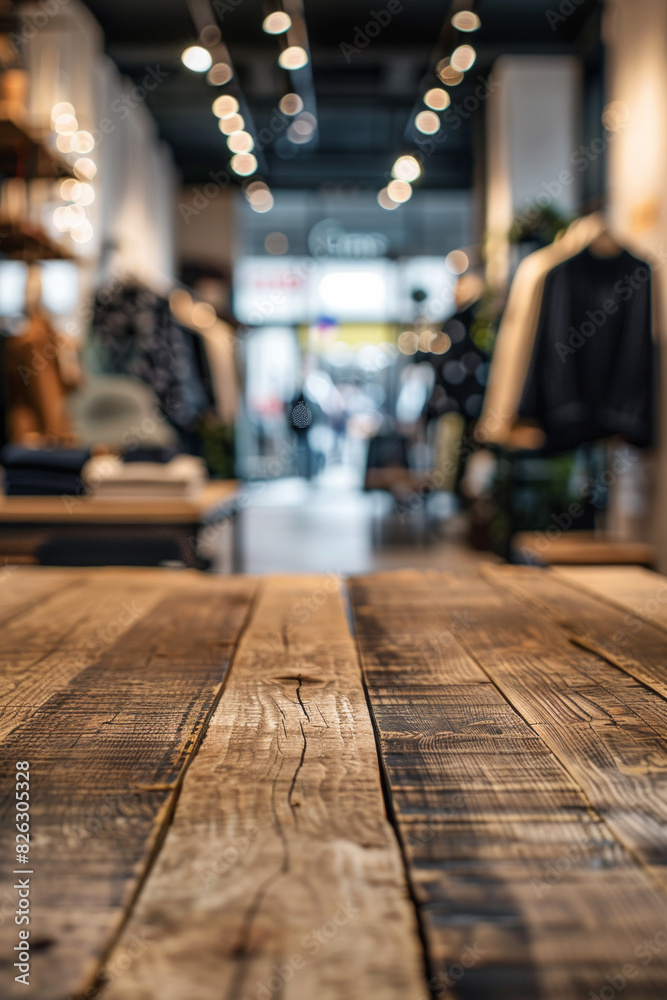 A wooden display table in the foreground with a blurred background of a fashion boutique. The background features stylish clothing racks, mannequins dressed in the latest fashions. A wooden display table in the foreground with a blurred background of a fashion boutique. The background features stylish clothing racks, mannequins dressed in the latest fashions.