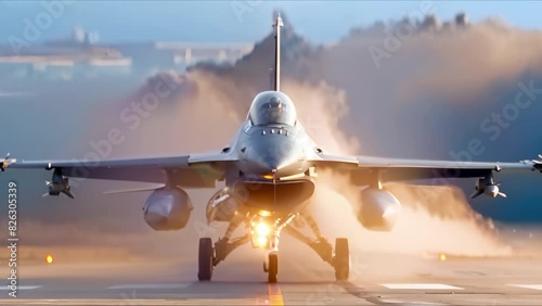Fighter jet landing at Jiaxing air base armed with rockets and bombs. Concept Military Aircraft, Fighter Jet, Jiaxing Air Base, Rockets, Bombs photo