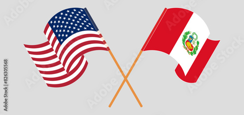 Crossed and waving flags of the USA and Peru