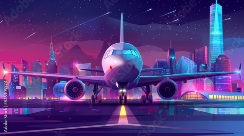 Charter from city airport cartoon modern. Airliner taking off from runway, standing on ground near terminal building, city skyscraper illuminating on background.