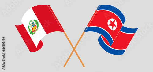 Crossed and waving flags of Peru and North Korea photo