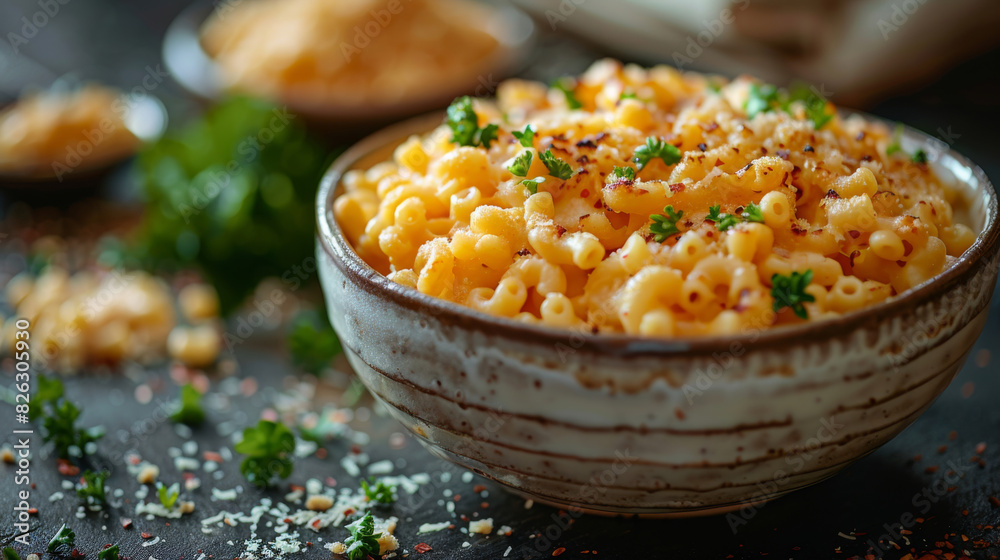 Macaroni and cheese. Pasta, macaroni au gratin, casserole topped with fresh herbs. Macaroni and cheese. Pasta, macaroni au gratin, casserole topped with fresh herbs.