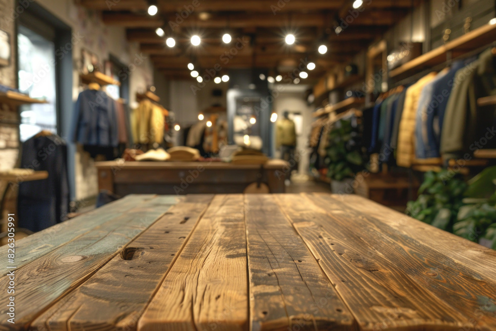 A wooden display table in the foreground with a blurred background of a fashion boutique. The background features stylish clothing racks, mannequins dressed in the latest fashions. A wooden display table in the foreground with a blurred background of a fashion boutique. The background features stylish clothing racks, mannequins dressed in the latest fashions.