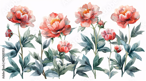 Hand drawn watercolor illustration of a set of peonies and leaves in pastel colors, isolated on white background