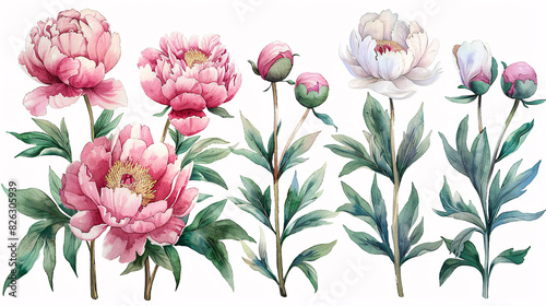 Hand drawn watercolor illustration of a set of peonies and leaves in pastel colors, isolated on white background