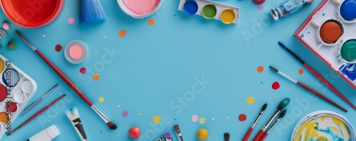 Colorful arts and crafts supplies arranged on a blue background