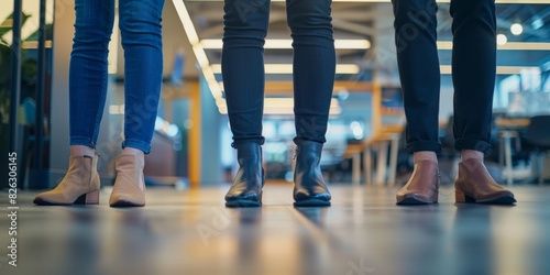 In meeting, interview, or waiting room, businesspeople, legs, and team stand. Corporate employees in formal shoes or feet working together for hiring, recruiting, or growth. photo