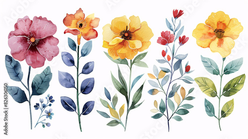 Modern watercolor art of peony flowers and green leaves, perfect for wedding decorations, isolated on white background