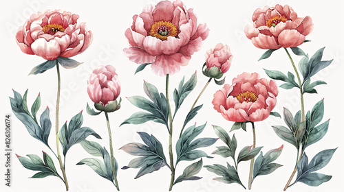 Fototapeta Naklejka Na Ścianę i Meble -  Hand drawn watercolor illustration of a set of peonies and leaves in pastel colors, isolated on white background