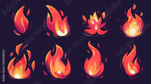 The collection of hot flaming elements in cartoon shape. Flames of different shapes. Fireball set. Flame symbols. Icons of energy and power. Collection of hot flaming elements.