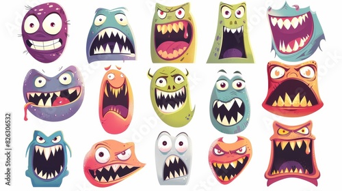Cartoon monster faces with eyes, mouths, and heads. Scary characters for kids. Halloween monsters or aliens emotions modern set.