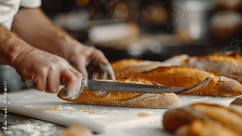 A baker slicing a freshly baked baguette on a white cutting board
