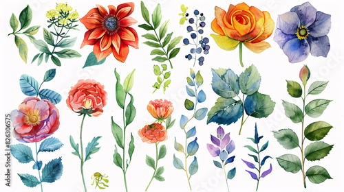 Modern watercolor art of peony flowers and green leaves, perfect for wedding decorations, isolated on white background