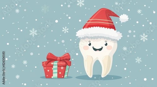 Illustration of a dental implant tooth in Santa's hat with present, isolated on a white background. Holiday character - cute little tooth implant. Character design cartoon modern stomatology image.