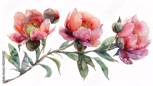 Fototapeta Naklejka Na Ścianę i Meble -  Modern watercolor art of peony flowers and green leaves, perfect for wedding decorations, isolated on white background