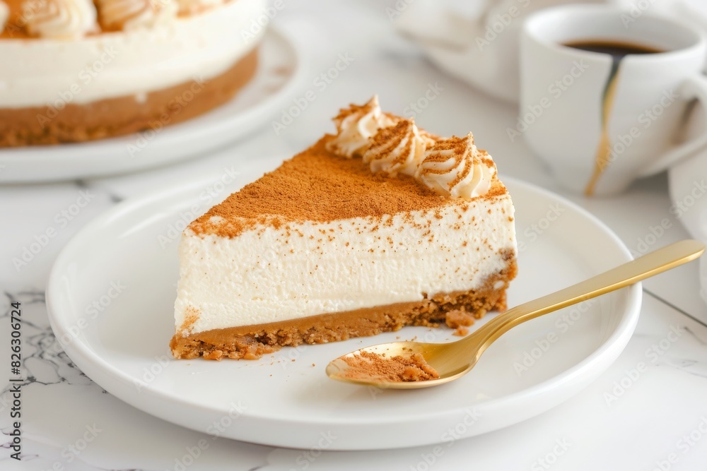 Piece of biscoff layered cheesecake on a white plate along with spoon on a white background Piece of biscoff layered cheesecake on a white plate along with spoon on a white background