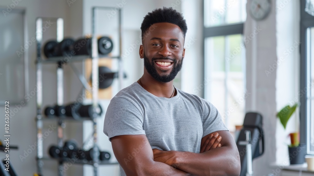 Happy Nigerian black man smiles at gym with arms crossed for exercising. Strong bodybuilder, personal trainer, and masculine fitness club coach, athlete, or wellness enthusiast.