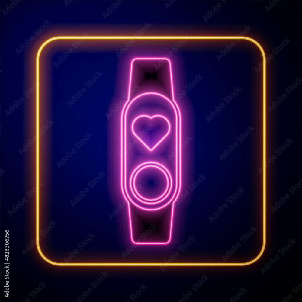 Glowing neon Smart watch showing heart beat rate icon isolated on black background. Fitness App concept. Vector