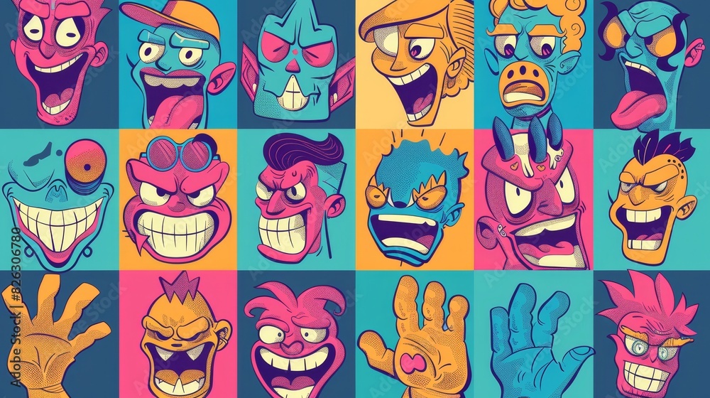 Posters with funny cartoon characters and hand-in-glove moderns and doodle covers. Posters with funny cartoon characters and hand-in-glove moderns and doodle covers.