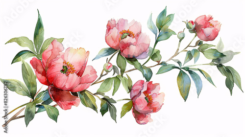 Modern watercolor art of peony flowers and green leaves, perfect for wedding decorations, isolated on white background