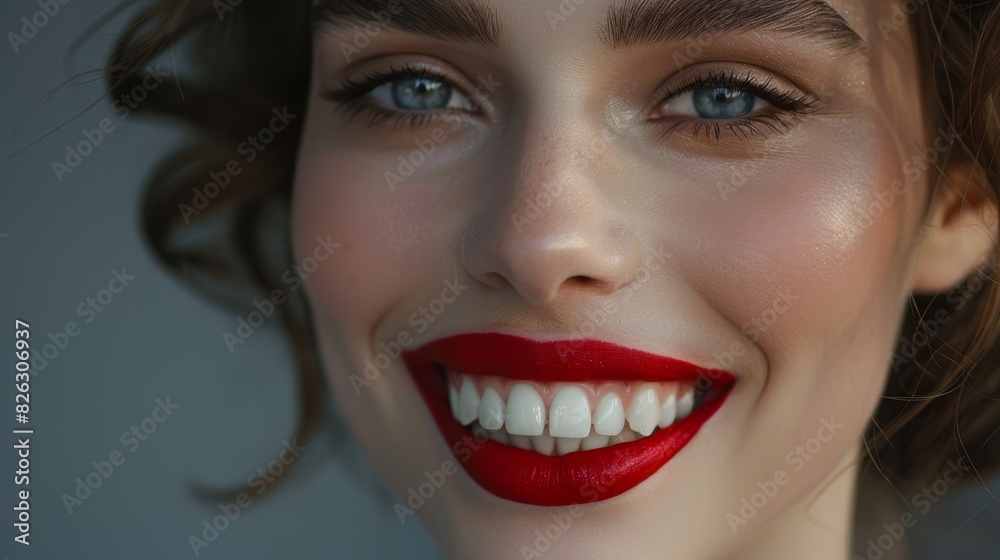 Woman with red lipstick and smile for beauty, makeup, and skincare in a grey studio. Happy woman smiling with cosmetic lips or mouth for color aesthetics. Woman with red lipstick and smile for beauty, makeup, and skincare in a grey studio. Happy woman smiling with cosmetic lips or mouth for color aesthetics.