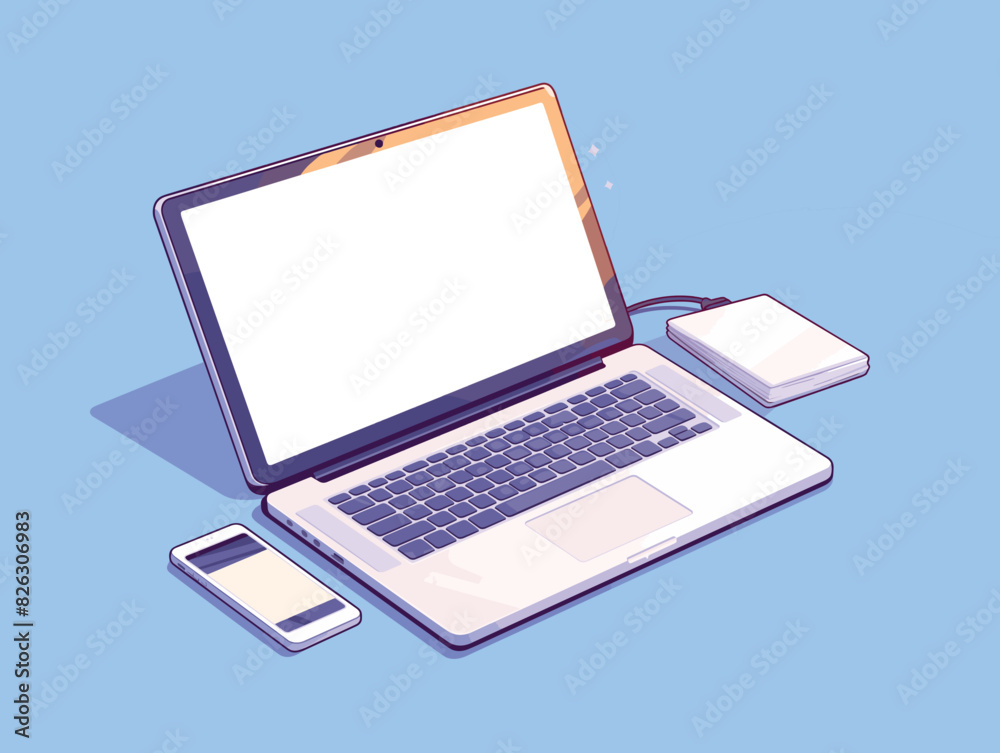 Modern workspace setup including a white laptop connected to a portable hard drive Modern workspace setup including a white laptop connected to a portable hard drive