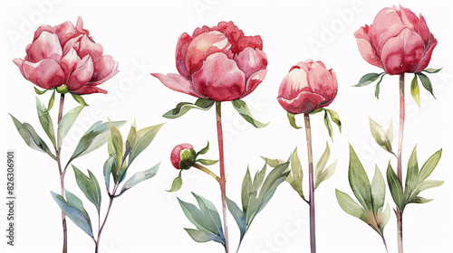 Modern watercolor art of peony flowers and green leaves, perfect for wedding decorations, isolated on white background