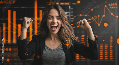 A happy trader girl rejoices at a successful deal