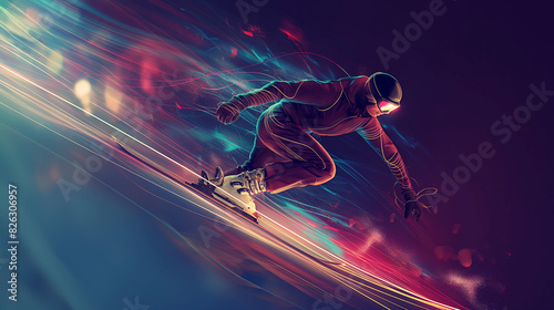 A dynamic art of an athletic female skier in motion, captured midair with vibrant energy effects around her photo