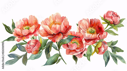 Modern watercolor art of peony flowers and green leaves, perfect for wedding decorations, isolated on white background