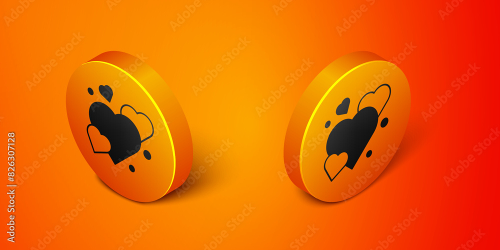 Isometric Heart icon isolated on orange background. Romantic symbol linked, join, passion and wedding. Happy Valentines day. Orange circle button. Vector Isometric Heart icon isolated on orange background. Romantic symbol linked, join, passion and wedding. Happy Valentines day. Orange circle button. Vector