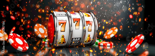 Slot machine spewing red and yellow chips, banner