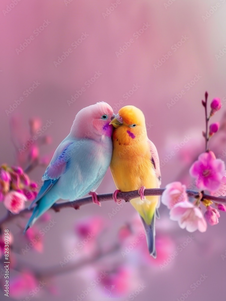 A close-up of two lovebirds, one pink and the other yellow, perched on a branch adorned with pink blossoms. They appear to be nuzzling each other, with a soft, dreamy background.