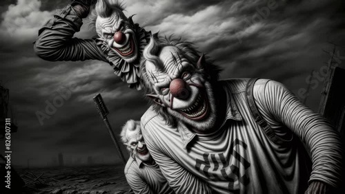 Zoom out black and white animated threatening clowns and monsters with a scary smile