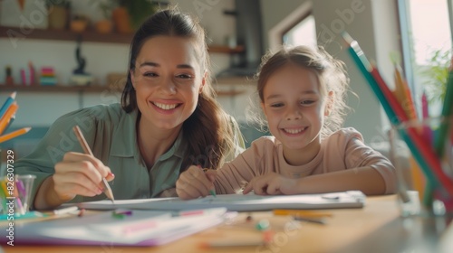 Cute Caucasian child completing schoolwork at the table with her mother. An adorable young mother teaching her daughter at home. Mother homeschooling photo