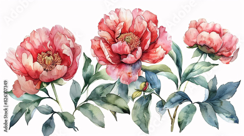 Modern watercolor art of peony flowers and green leaves, perfect for wedding decorations, isolated on white background