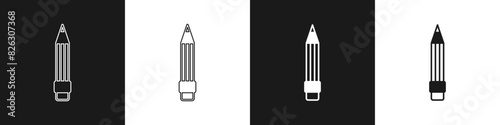 Set Pencil with eraser icon isolated on black and white background. Drawing and educational tools. School office symbol. Vector
