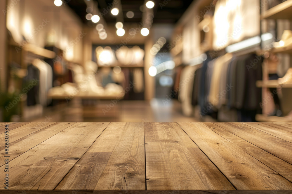 A wooden display table in the foreground with a blurred background of a fashion boutique. The background features stylish clothing racks, mannequins dressed in the latest fashions. A wooden display table in the foreground with a blurred background of a fashion boutique. The background features stylish clothing racks, mannequins dressed in the latest fashions.