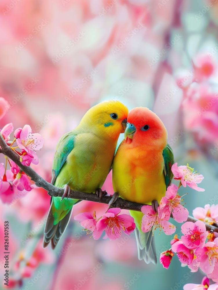 Two colorful lovebirds perched on a branch with pink cherry blossoms, creating a vibrant and romantic scene. The background is softly blurred with various shades of pink.