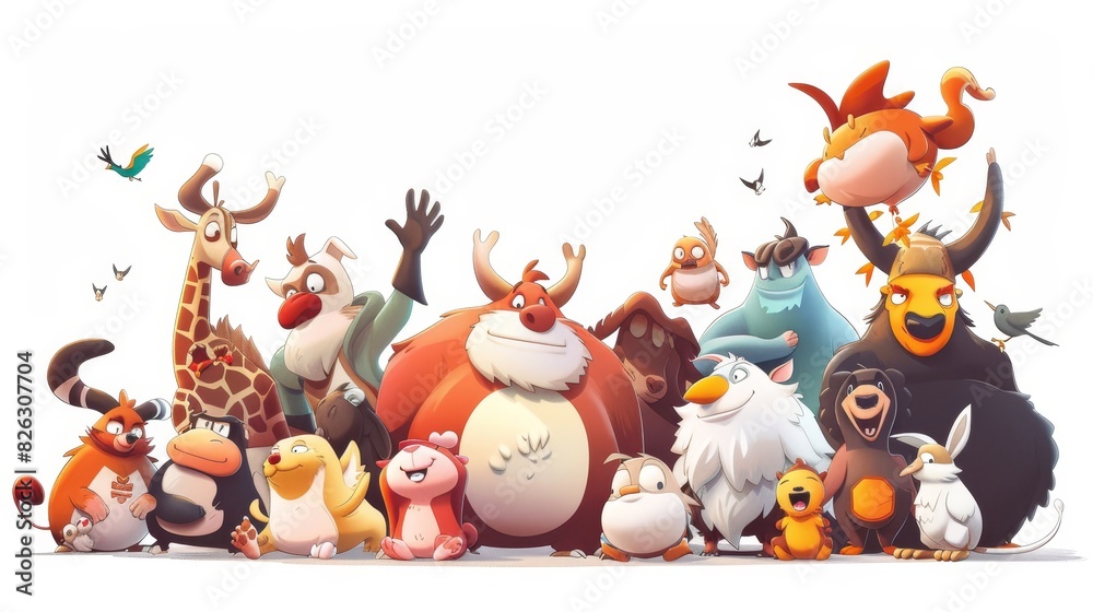 The group of happy animals is made up of many cartoons. Modern illustration of a happy group of animals. The group of happy animals is made up of many cartoons. Modern illustration of a happy group of animals.