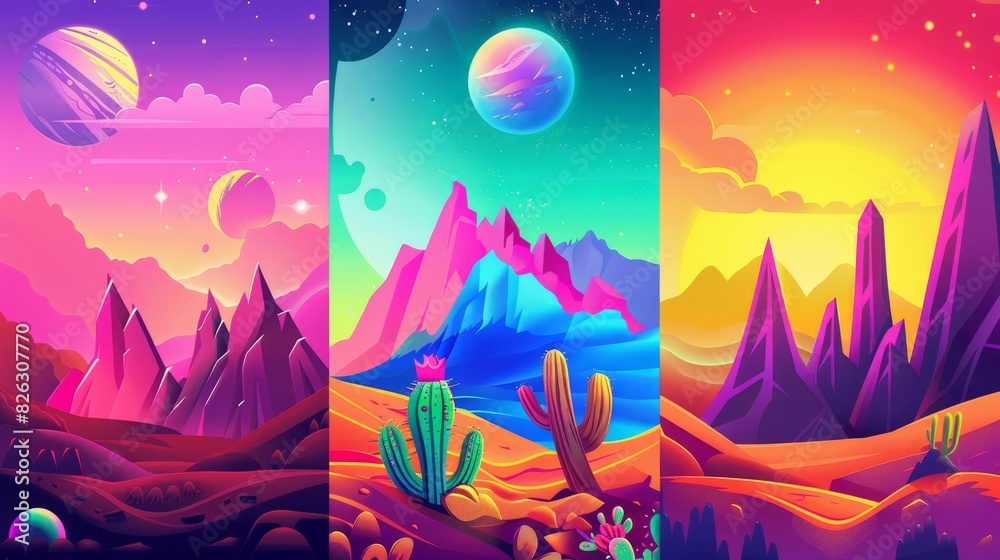 Modern collection of 90s groovie posters with cartoon characters, cacti, volcanoes, planets, and trip waves. Giant mountains, cactus, volcanoes, and trip waves. Modern collection of 90s groovie posters with cartoon characters, cacti, volcanoes, planets, and trip waves. Giant mountains, cactus, volcanoes, and trip waves.