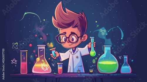 Cartoon of a little scientist using laboratory equipment icons photo