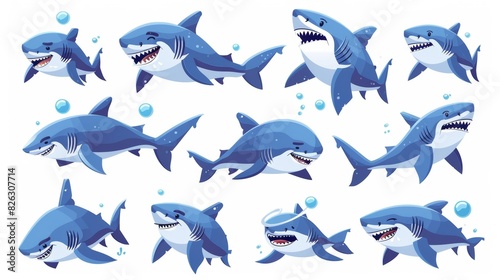Animated cartoon illustration of sharks in different poses, laughing, sleeping, swimming, smiling, sad, scared and angry. Marine animal and fish concept illustration.