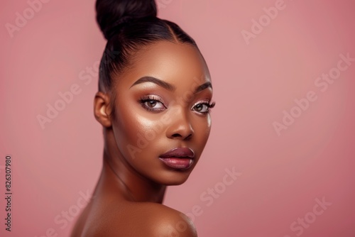 Skincare, natural beauty, cosmetics, wellness, and glow image on pink backdrop. In studio cosmetics, dermatology, and model with luxury facial care results and spa aesthetic.