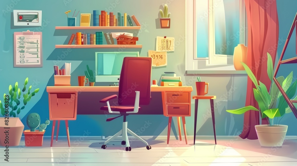 Workplace concept, cozy room for freelance jobs and education illustrated as a modern cartoon. Furniture, computer, books, coffee cup shown. Workplace concept, cozy room for freelance jobs and education illustrated as a modern cartoon. Furniture, computer, books, coffee cup shown.