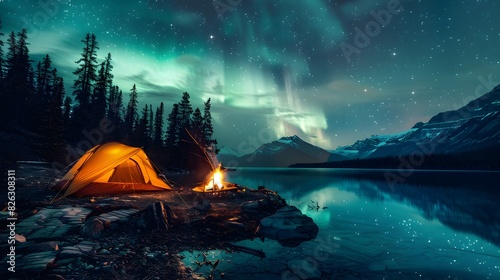 A glowing tent was set up on the shore of Lake Mortensen in Canada, under an aurora-filled sky. creating a magical atmosphere. 