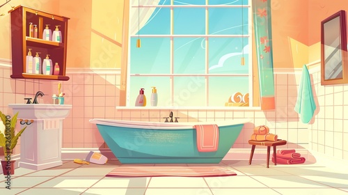 A modern illustration of an interior design of a bathroom with a window. The room contains furniture  a bathtub and accessories. There are shelves with washing gel and shampoo. Decorative background